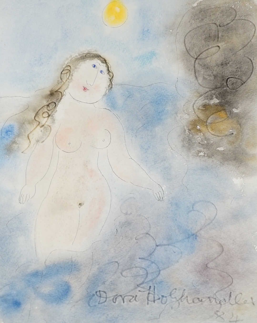 Dora Holzhandler (1928-2015), mixed media on paper, ‘Love of the sea’, signed and dated ‘84, inscribed ‘Painted in Benidorm 5/5/84 verso, unframed
